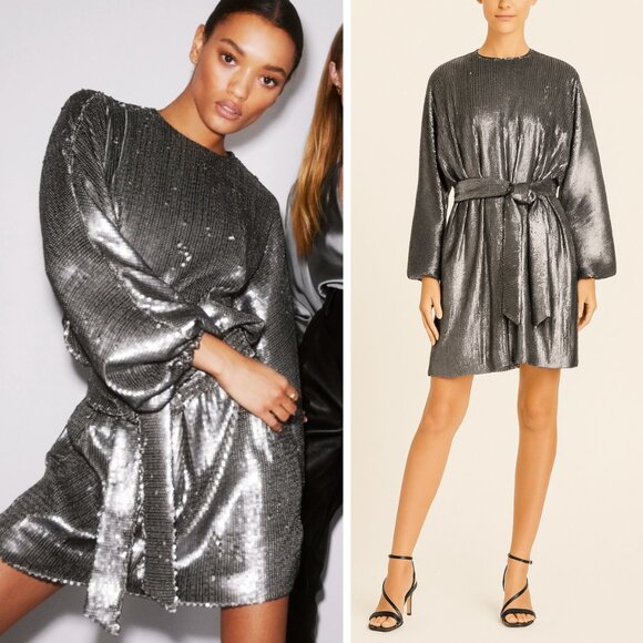 NWT Anine Bing Angie Sequin Belted Mini Dress Antique Silver Metallic Cocktail - Picture 1 of 10